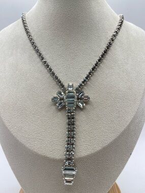 Vintage Silver Tone Baguette & Round Rhinestone Drop Choker Necklace 15 1/2”L